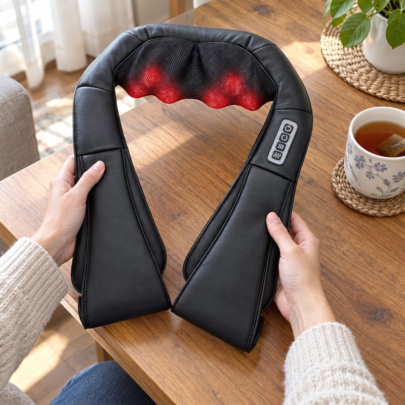 Appareil de massage shiatsu ShiatsuFlex tenu en main sur une table avec une tasse de thé