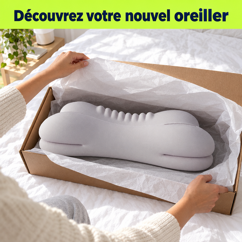 Déballage de l'oreiller ergonomique ErgoRest sur un lit