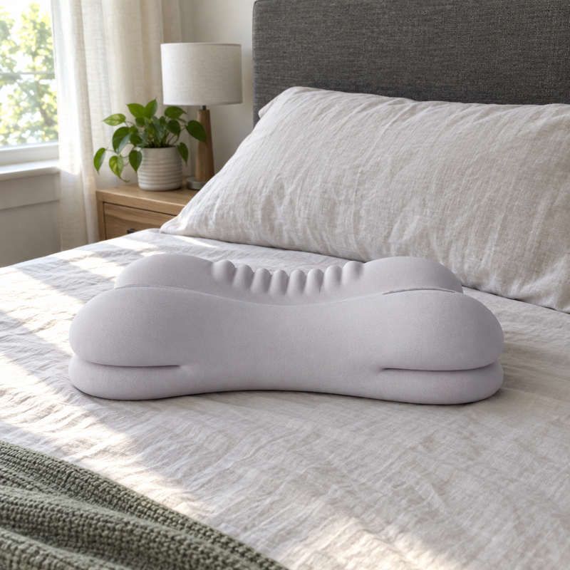 Oreiller ergonomique ErgoRest posé sur un lit en lin
