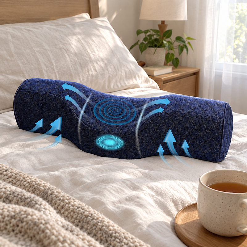 Oreiller cervical SoftNeck sur un lit à côté d'une tasse de thé
