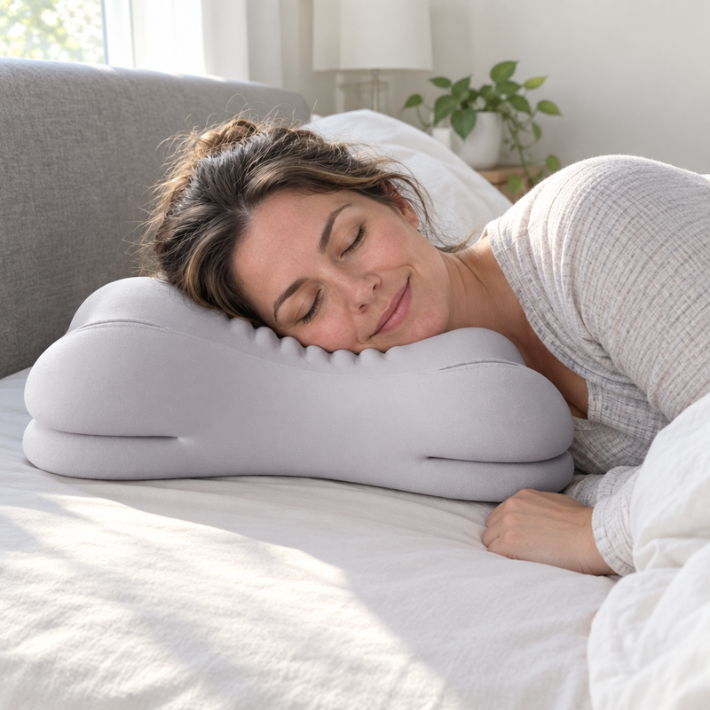 Femme allongée sur le côté dans une chambre lumineuse, la tête sur l'oreiller ergonomique ErgoRest