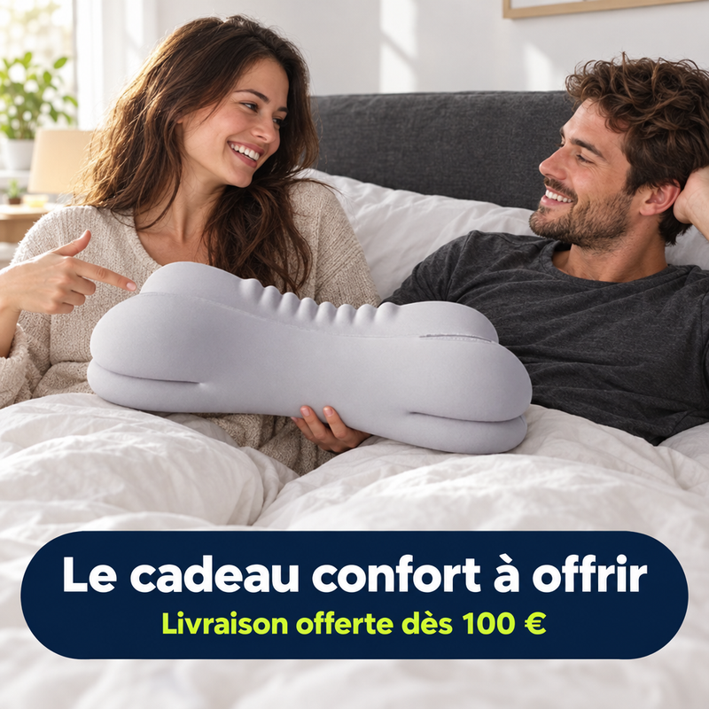 Couple au lit découvrant l'oreiller ergonomique ErgoRest
