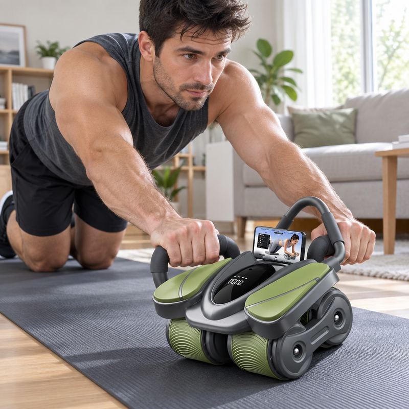 Homme faisant un exercice avec la roue abdominale CoreRoller sur un tapis dans un salon