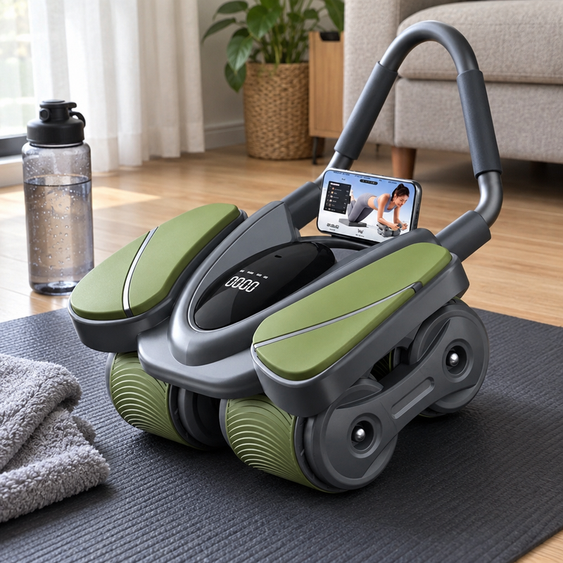 Roue abdominale CoreRoller sur un tapis de yoga avec serviette et gourde