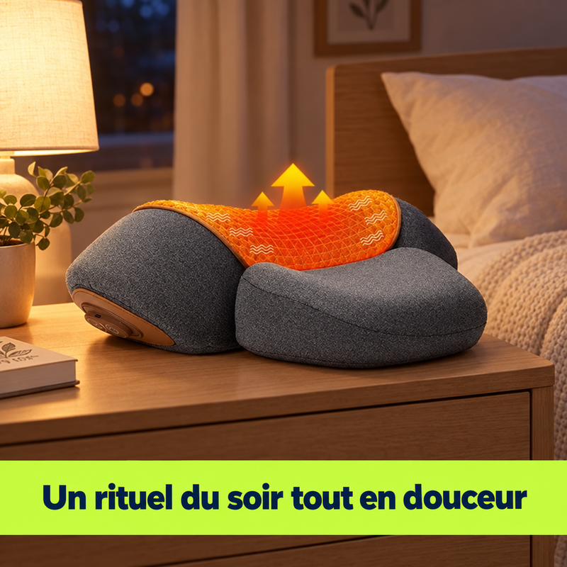 Oreiller ThermoNeck sur une table de chevet dans une chambre calme