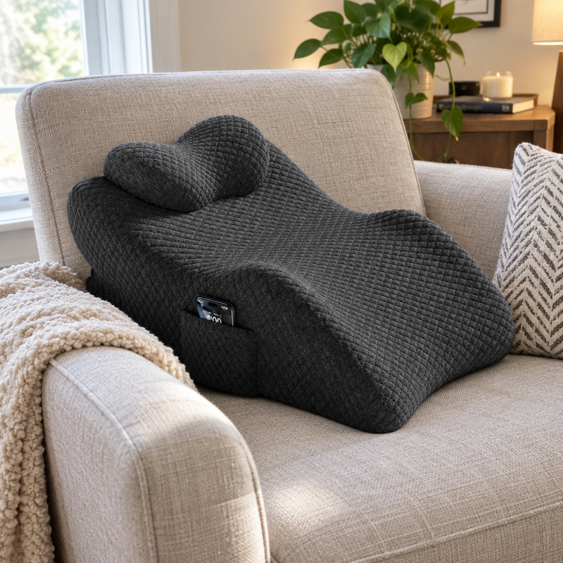 Coussin lombaire LumbaRest sur un fauteuil dans un salon chaleureux