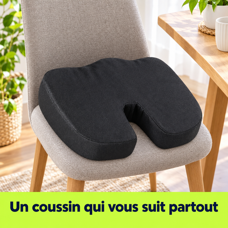 Coussin d'assise SitEase placé sur un siège, utilisable à la maison ou en voiture
