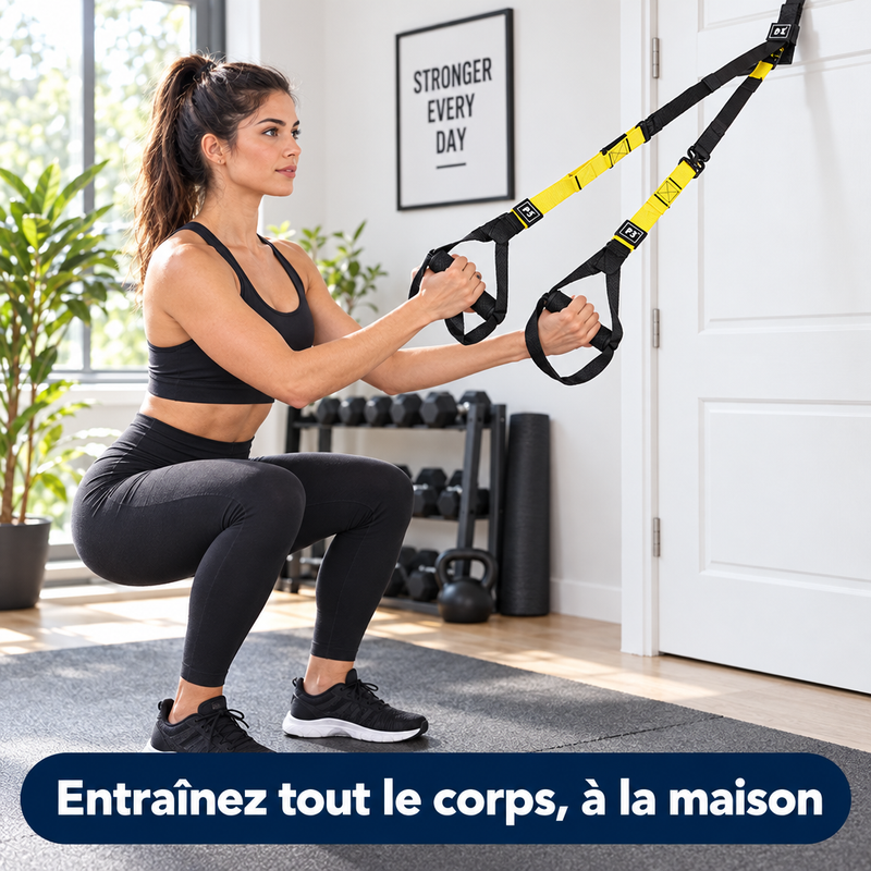 Femme s'entraînant avec les sangles de suspension ZynStrap dans un coin sport à la maison