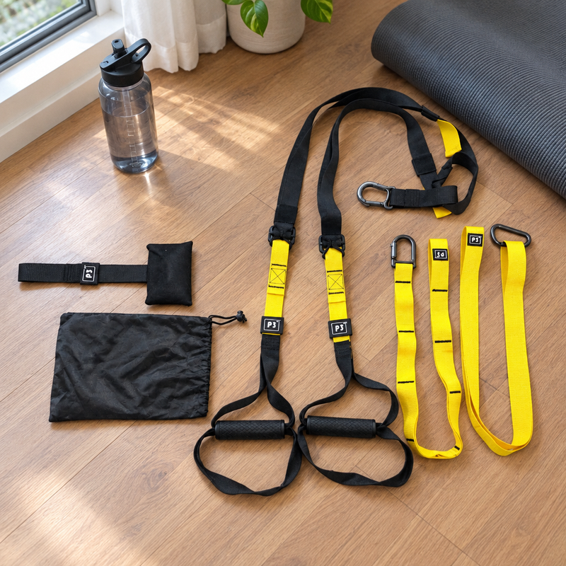 Sangles de suspension ZynStrap enroulées sur un parquet à côté d'un tapis de yoga