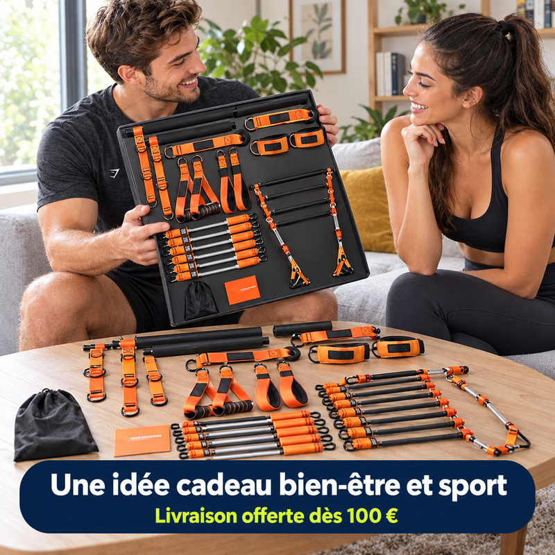 Deux amies découvrant le kit barre de pilates PilatesBar dans un salon