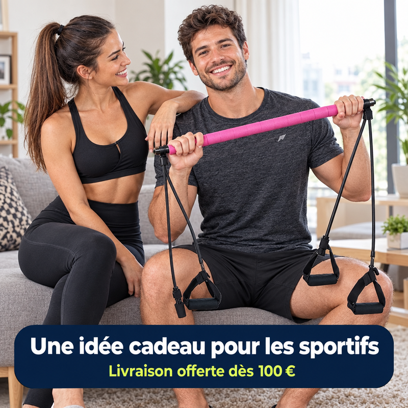 Couple en tenue de sport avec la barre de fitness FlexBar dans un salon