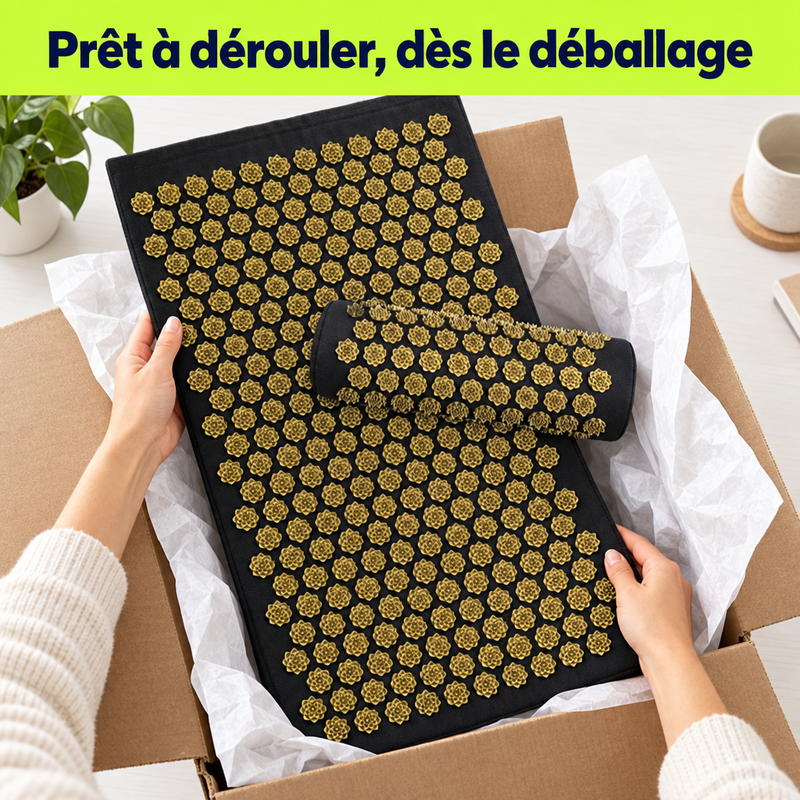 Déballage du tapis d'acupression AcuLotus, prêt à dérouler