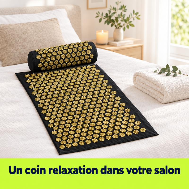 Un coin relaxation dans votre salon avec le tapis d'acupression AcuLotus