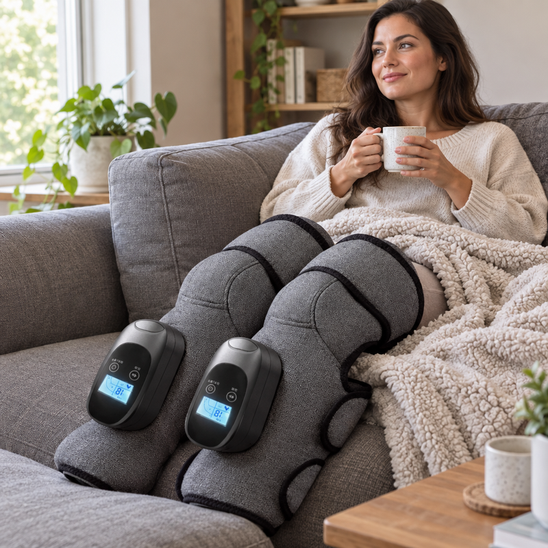 Femme détendue sur un canapé avec les bottes de compression PressoFlow