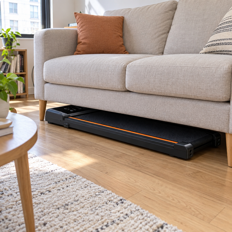 Tapis de marche WalkForce Pro plié et glissé sous un canapé