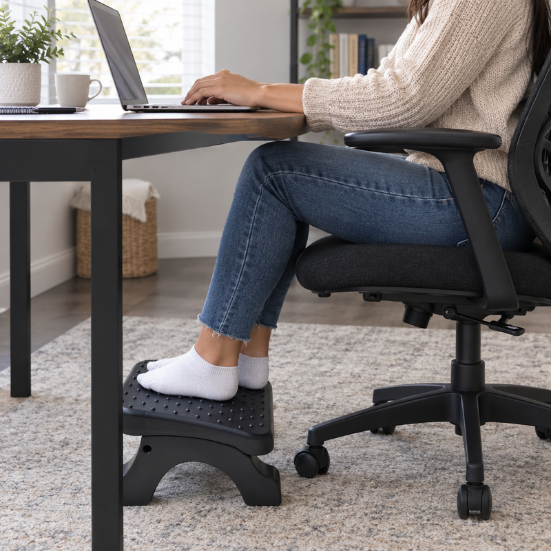 Femme au bureau avec les pieds posés sur le repose-pieds ergonomique FootEase