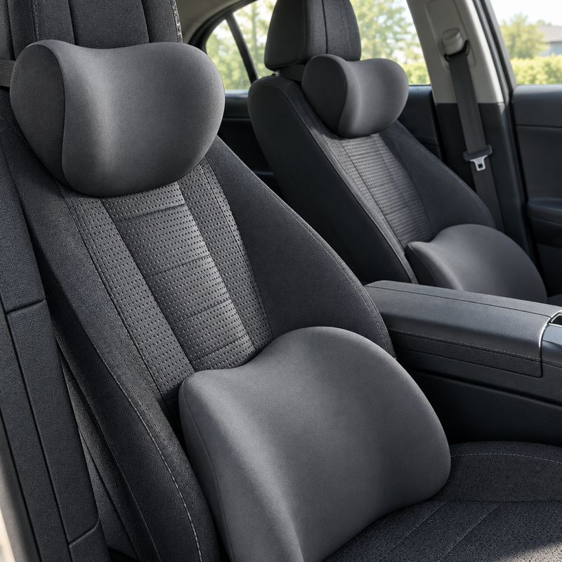 Kit de coussins DriveRest posé sur un siège de voiture, détail du tissu