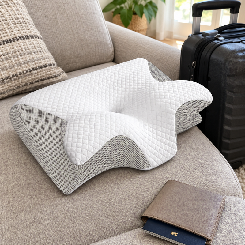 Oreiller cervical TravelRest posé près d'une valise, détail du tissu