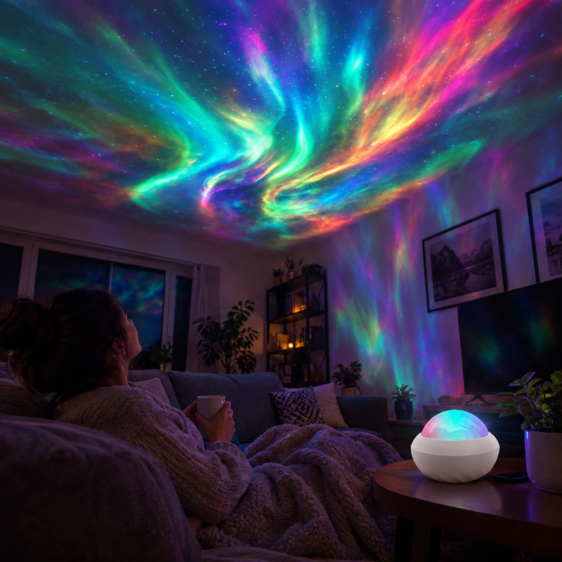 Salon plongé dans la lumière colorée du projecteur AuroraGlow