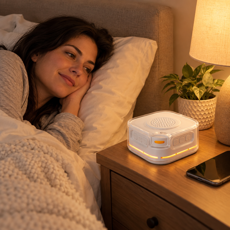 Femme au lit avec la machine à bruit blanc SomniSon sur la table de chevet