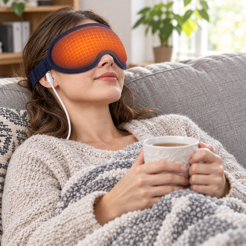 Femme détendue sur un canapé avec le masque oculaire chauffant USB LumiEye