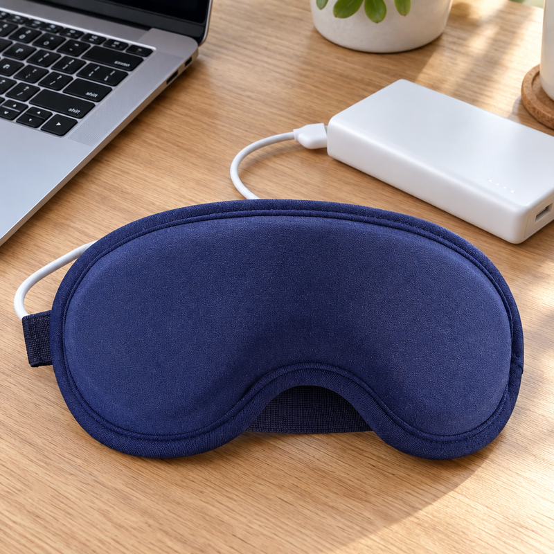 Masque oculaire chauffant LumiEye sur un bureau avec une batterie externe USB