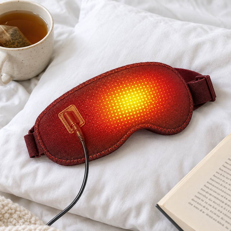 Masque de sommeil chauffant WarmDream sur un oreiller, détail du tissu et de la sangle