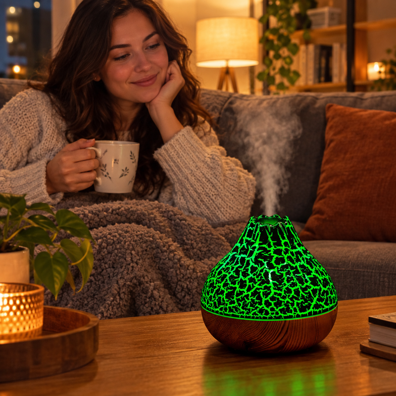 Femme sur un canapé avec l'humidificateur volcan VolcanMist qui diffuse une brume douce