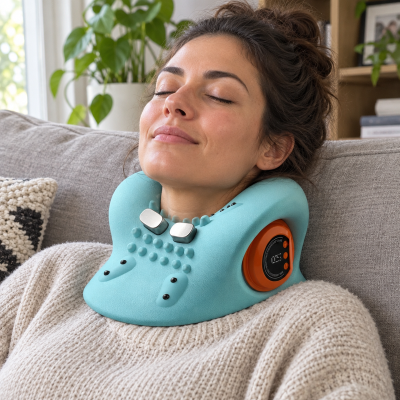 Femme détendue sur un canapé avec le masseur cervical chauffant CerviRelief Max