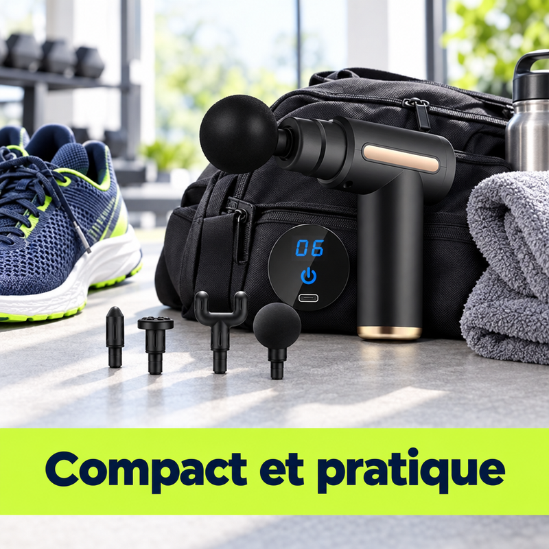 Pistolet de massage PulseRelief Pro™ sur un sac de sport - compact et pratique