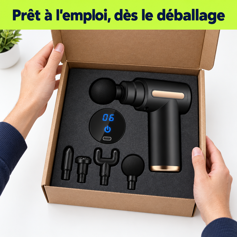 Déballage du pistolet de massage PulseRelief Pro™ - prêt à l'emploi dès le déballage