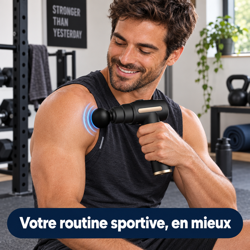 Homme utilisant le pistolet de massage PulseRelief Pro™ après l'entraînement - votre routine sportive, en mieux
