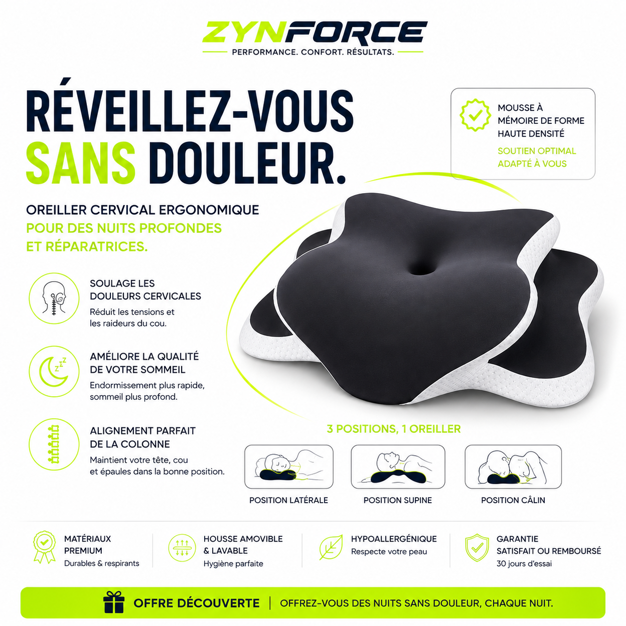 Oreiller Cervical Mousse Mémoire Forme C – Hauteur Réglable