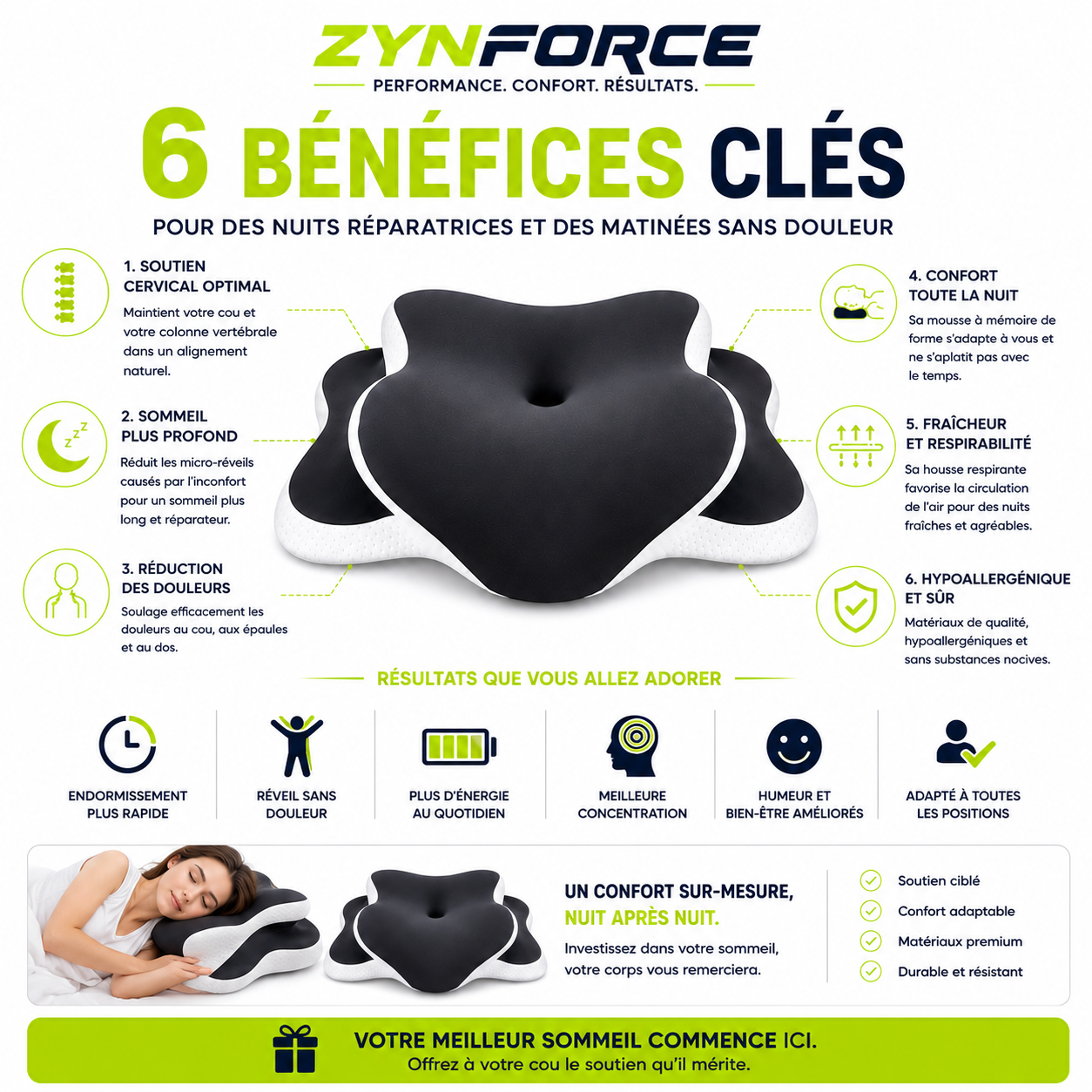 Oreiller Cervical Mousse Mémoire Forme C – Hauteur Réglable