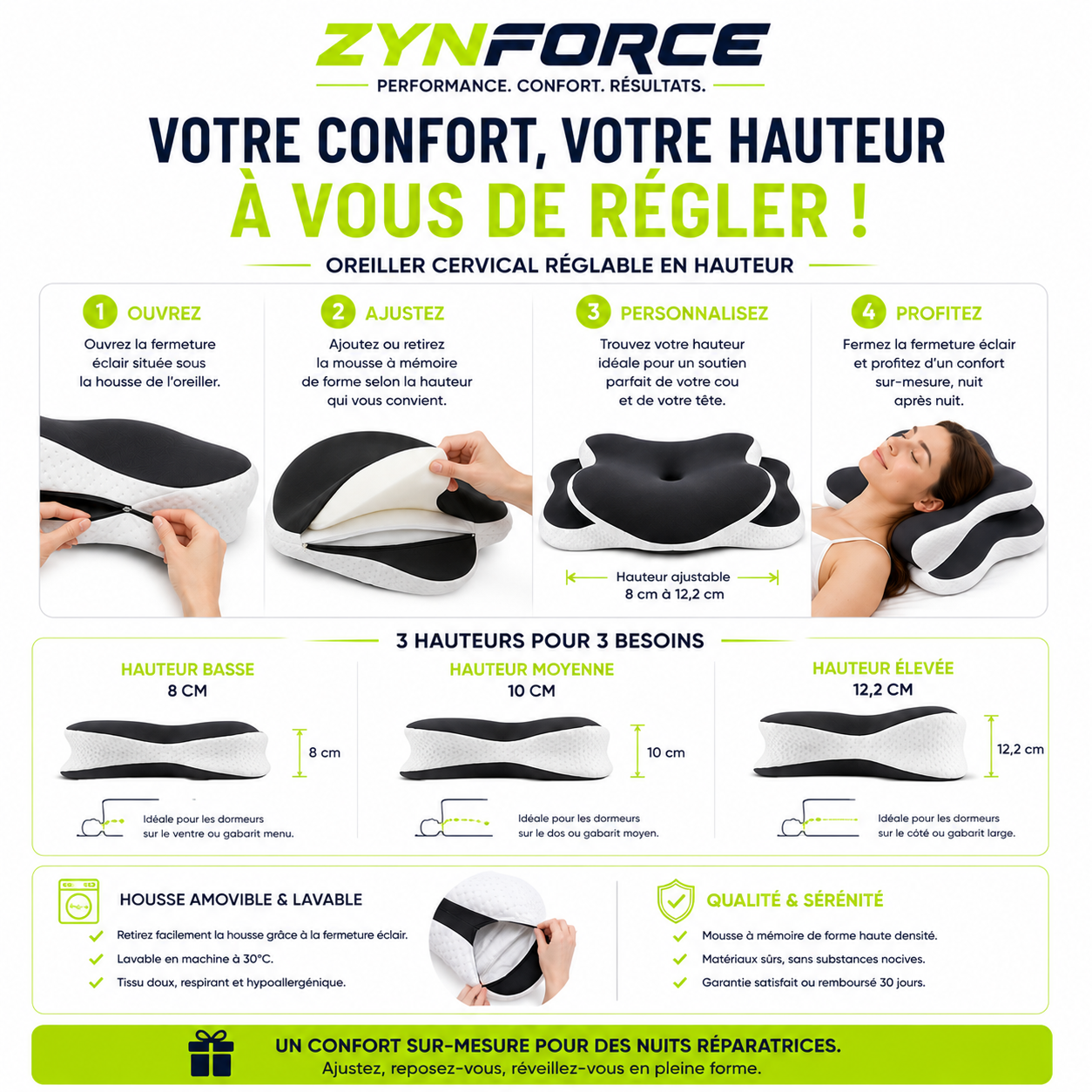 Oreiller Cervical Mousse Mémoire Forme C – Hauteur Réglable