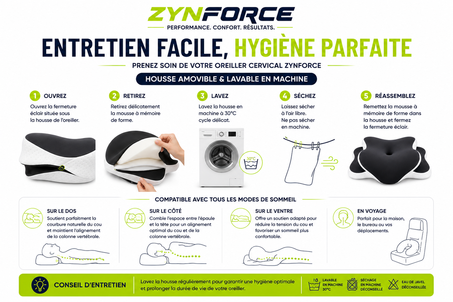 Oreiller Cervical Mousse Mémoire Forme C – Hauteur Réglable
