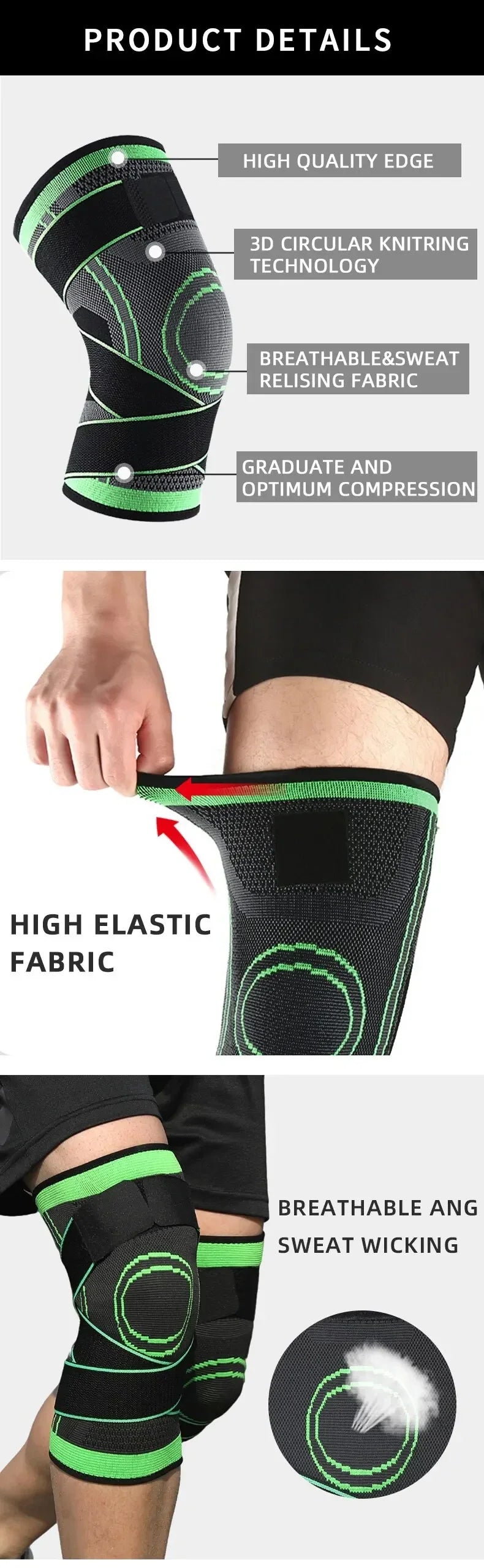 Manchon de compression du genou avec bretelles réglables pour courir, travailler et tenue sportive toute la journée