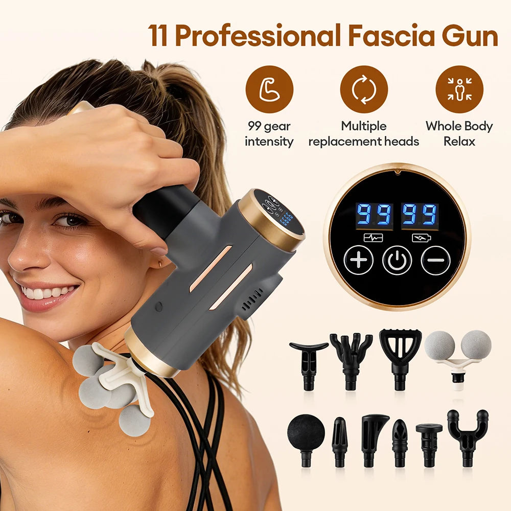 Pistolet de Massage électrique 11 en 1, pistolet de Fascia puissant à 99 niveaux, Vibration à haute fréquence, pistolet de Massage corporel, bras, jambes, masseur musculaire