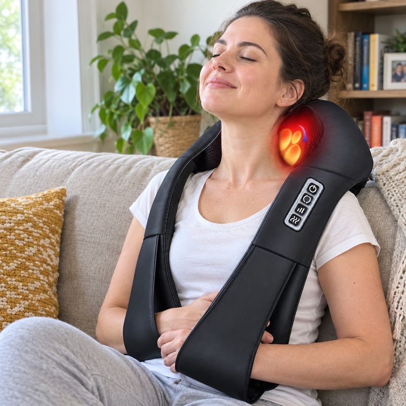 Femme détendue sur un canapé utilisant l'appareil de massage shiatsu ShiatsuFlex