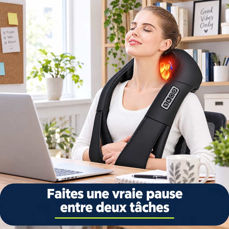 Femme en télétravail faisant une pause avec l'appareil de massage ShiatsuFlex