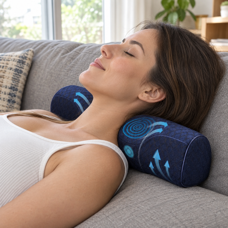 Femme détendue sur un canapé avec l'oreiller cervical SoftNeck derrière la nuque