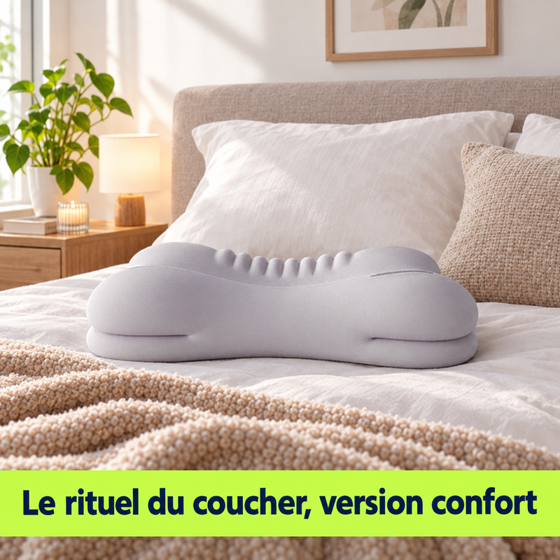 Oreiller ErgoRest dans une chambre moderne avec plaid, rituel du coucher