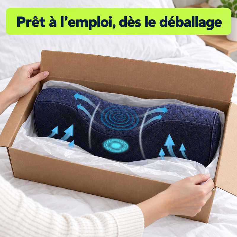Déballage de l'oreiller cervical SoftNeck sur un lit