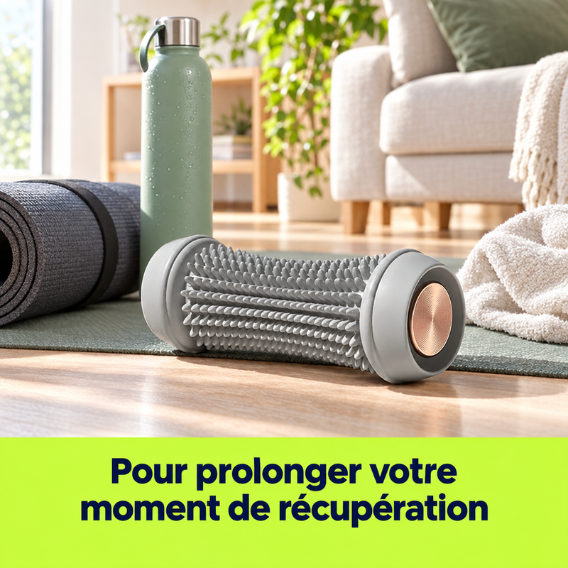 Rouleau FootZen près d'un tapis de yoga et d'une gourde après l'entraînement