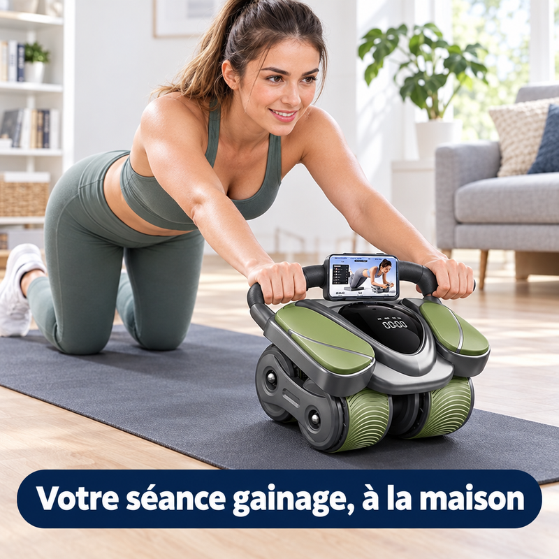 Femme en tenue de sport réalisant un exercice de gainage avec la roue abdominale CoreRoller