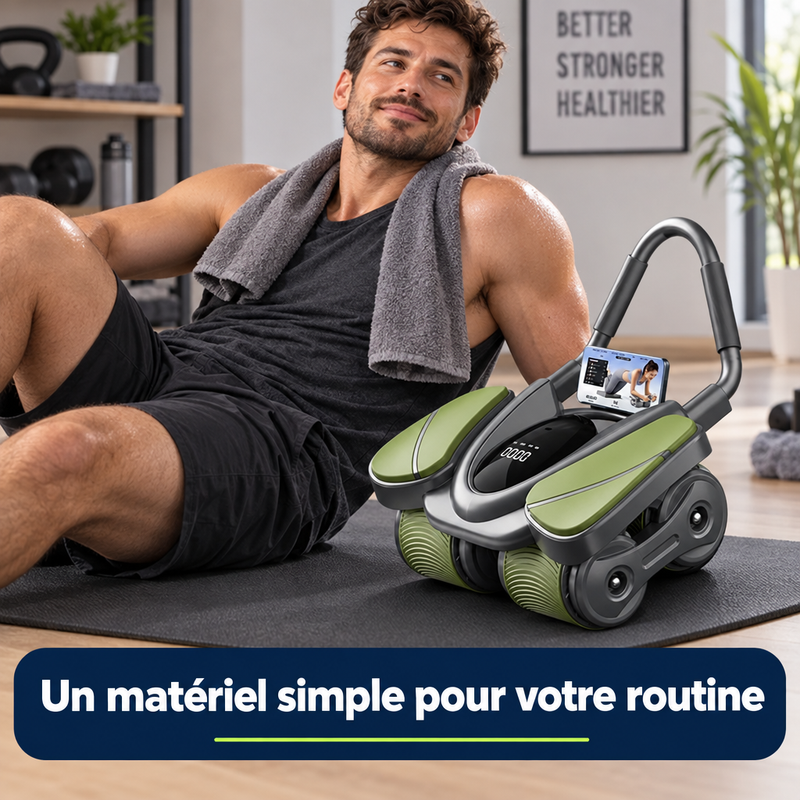 Homme au repos sur un tapis après sa séance avec la roue abdominale CoreRoller