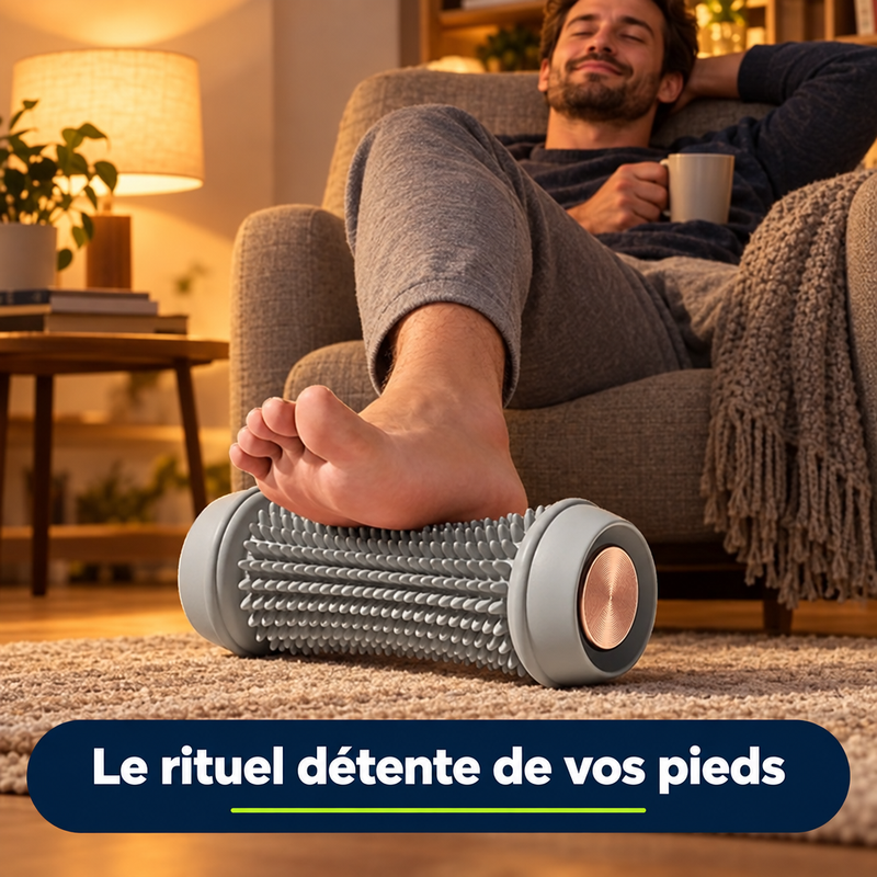 Homme dans un fauteuil utilisant le rouleau masseur de pieds FootZen en soirée