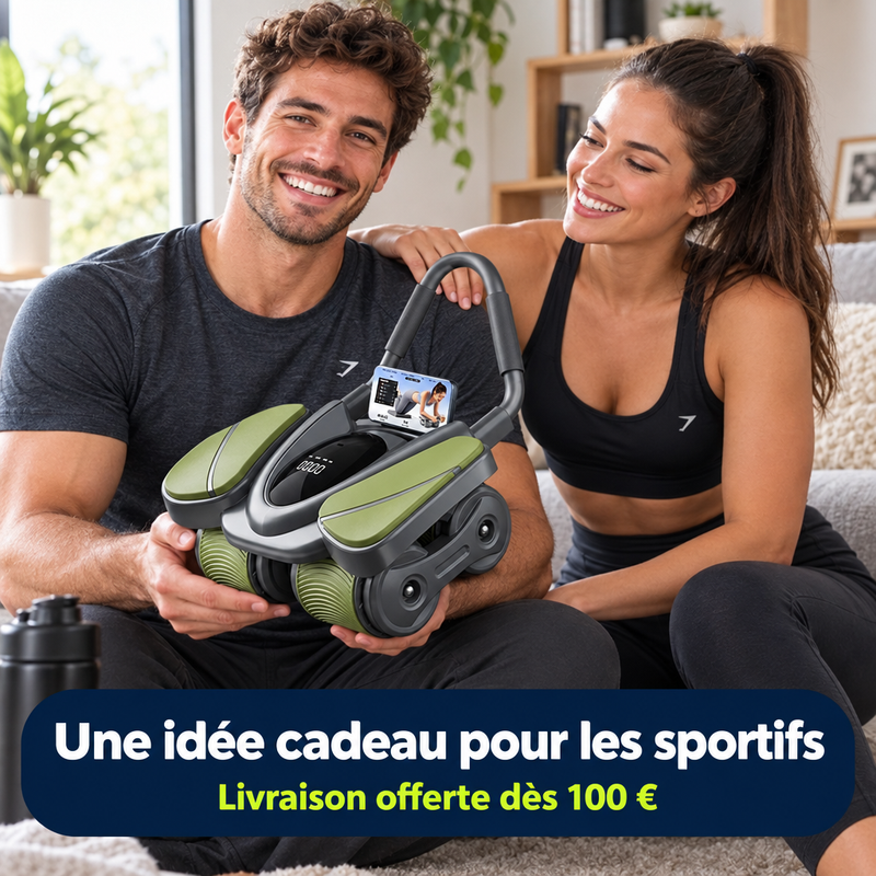 Couple sportif dans un salon avec la roue abdominale CoreRoller