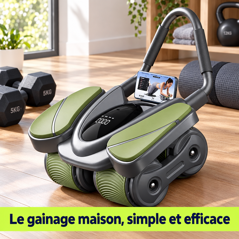 Roue abdominale CoreRoller près d'haltères dans un coin fitness à la maison