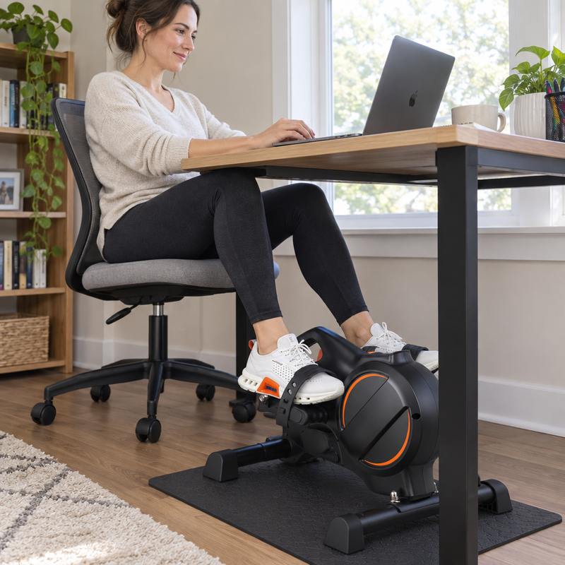Femme travaillant à son bureau tout en pédalant sur le mini vélo PedalDesk